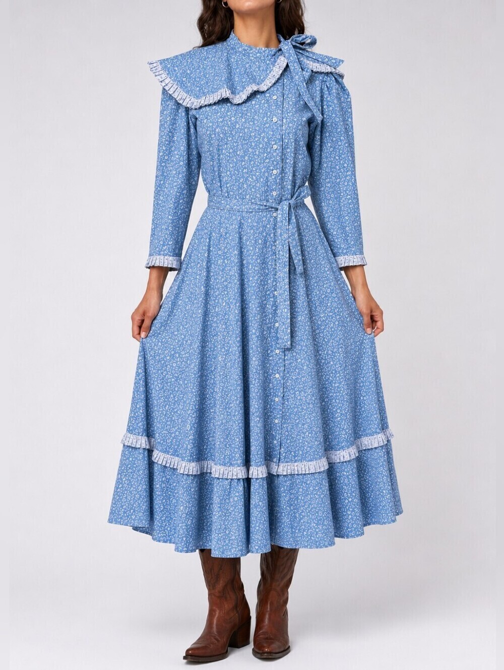 Vintage Foxy Lady Prairie Dress Blue Ditsy Floral Ruffle Collar Made in USA Sz 4